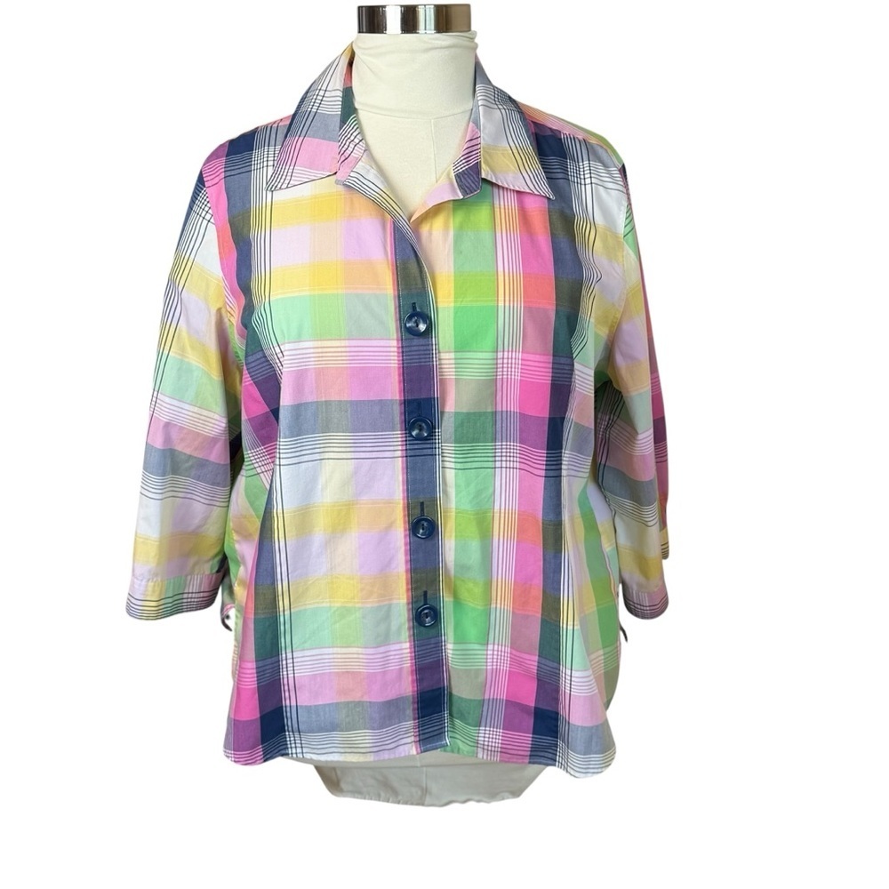 Foxcroft Womens Top 22W Plus Wrinkle Free Button Up‎ 3/4 Sleeve Plaid Pastel